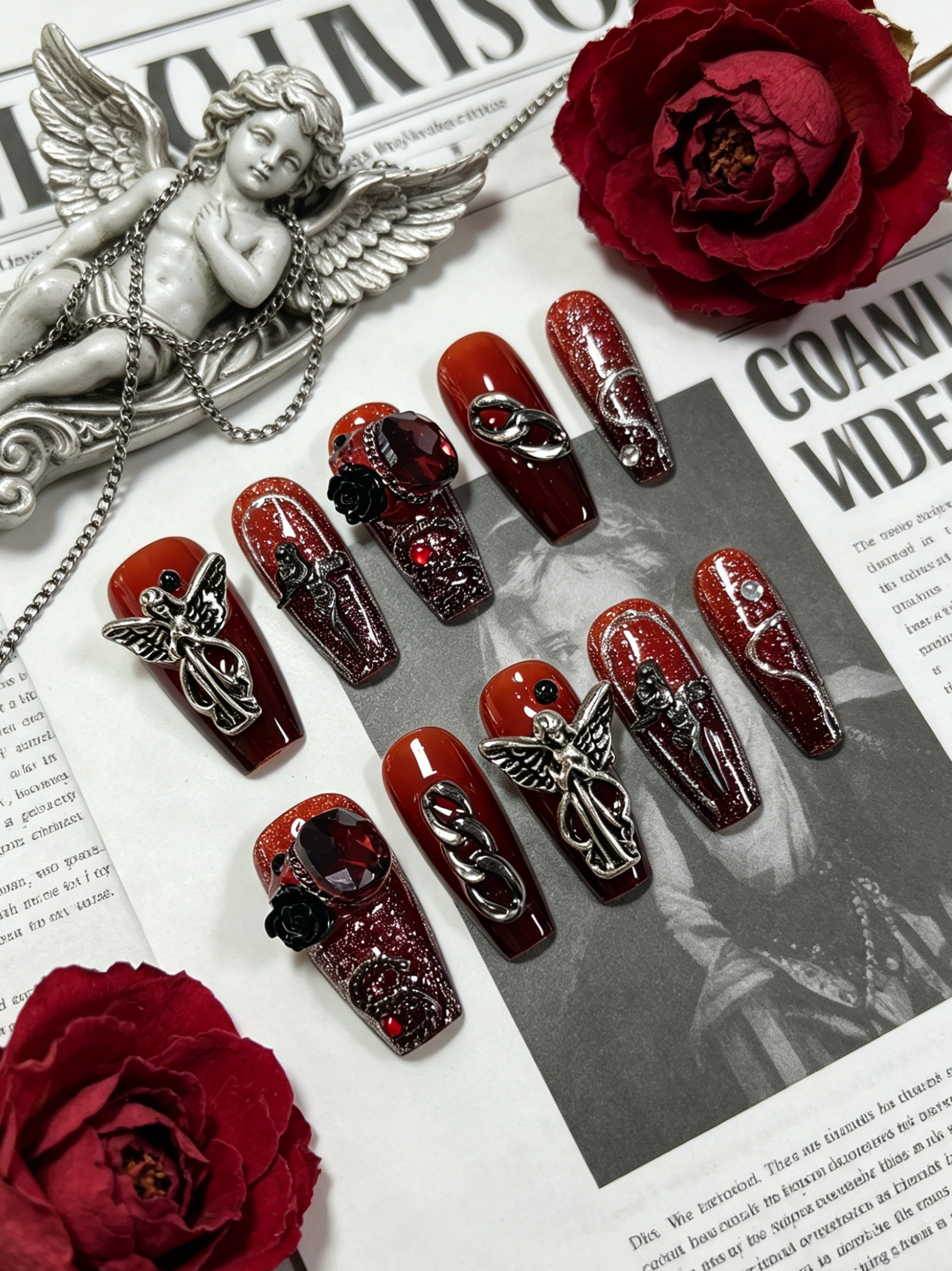 Lifestyle In Korean - 10 Medium-Sized Trapezoidal Press-On Nails, Red